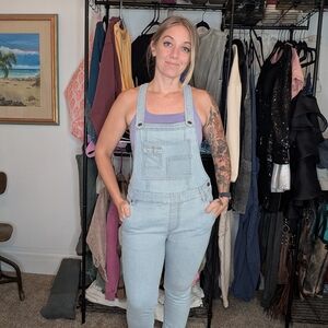 Free People Striped Light Blue Denim Overalls